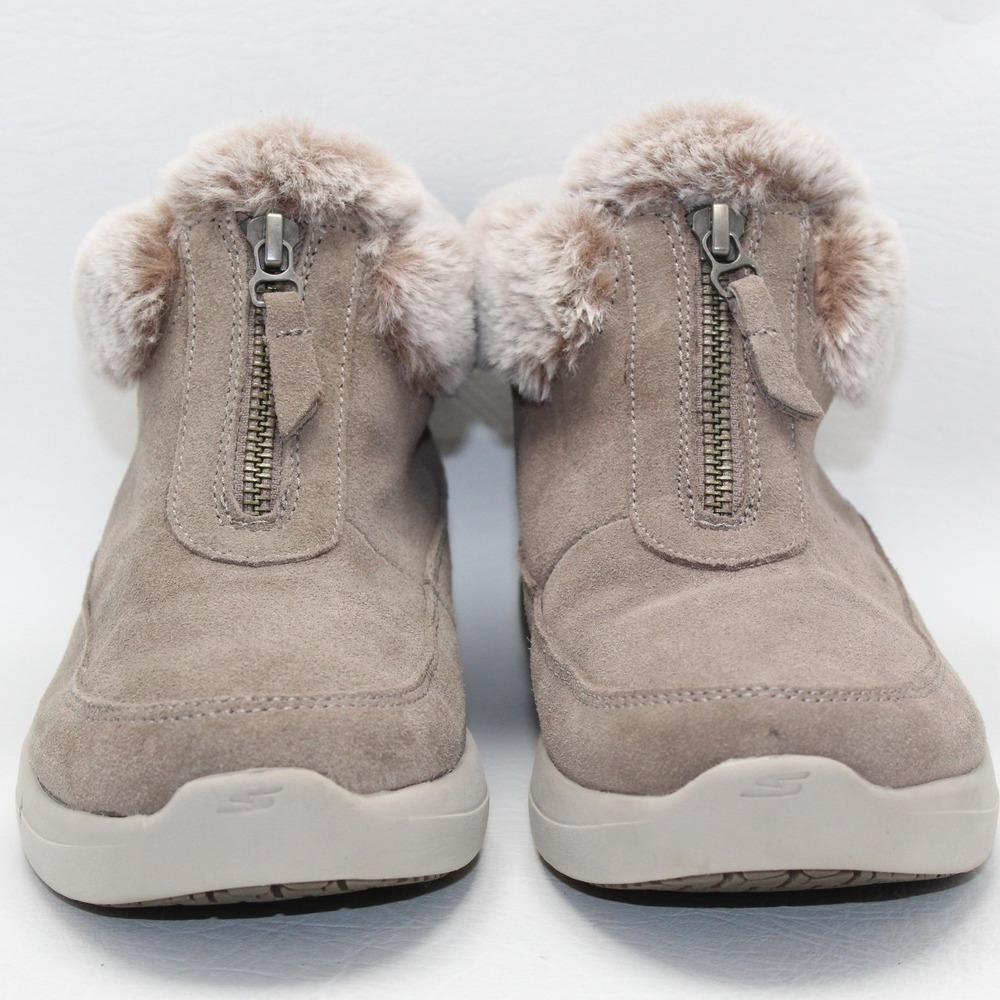 Skechers Go Walk Joy Women 7 Dark‎ Taupe Suede Faux Fur Zip Winter Boots 144664